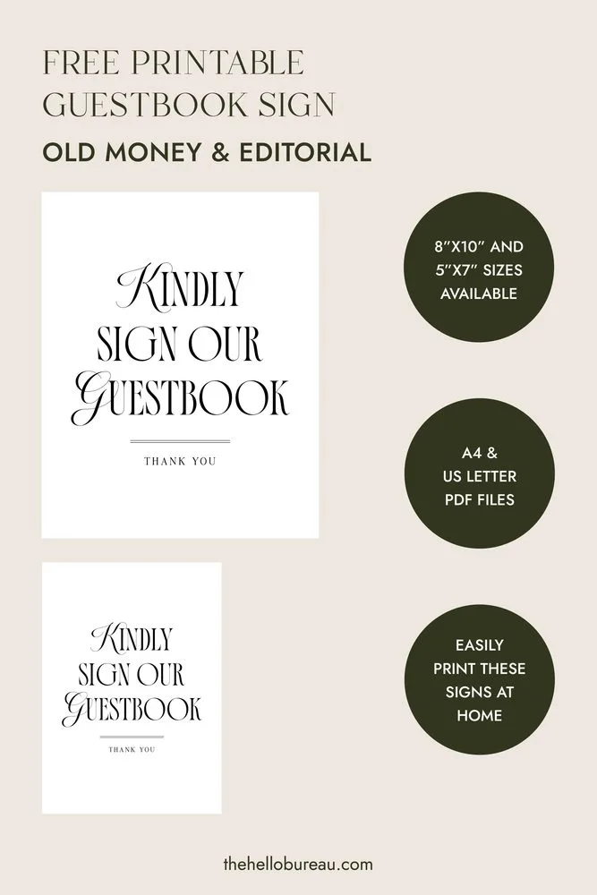 Free printable old money and editorial wedding guestbook sign in 8x10 and 5x7 sizes