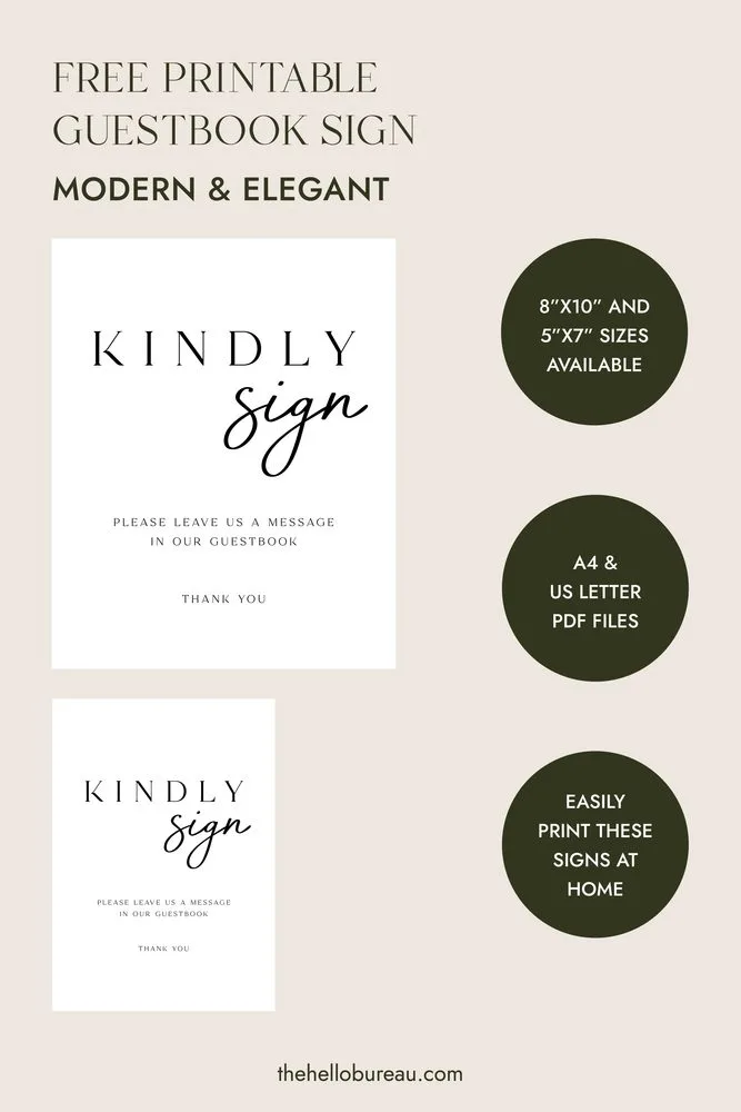 Free printable modern and elegant wedding guestbook sign in 8x10 and 5x7, with A4 and US Letter PDFs