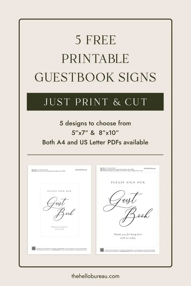 5 free printable wedding guestbook signs in 5x7 and 8x10, with A4 and US Letter PDFs to print and cut.