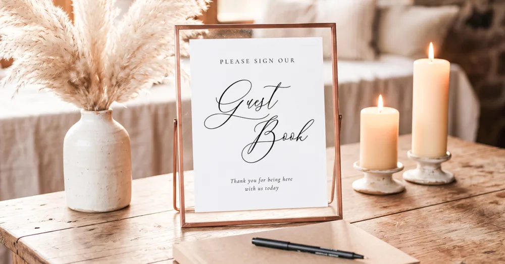 Free printable please sign our guestbook sign in a copper frame with pampas grass, candles and a guestbook on a wooden table.