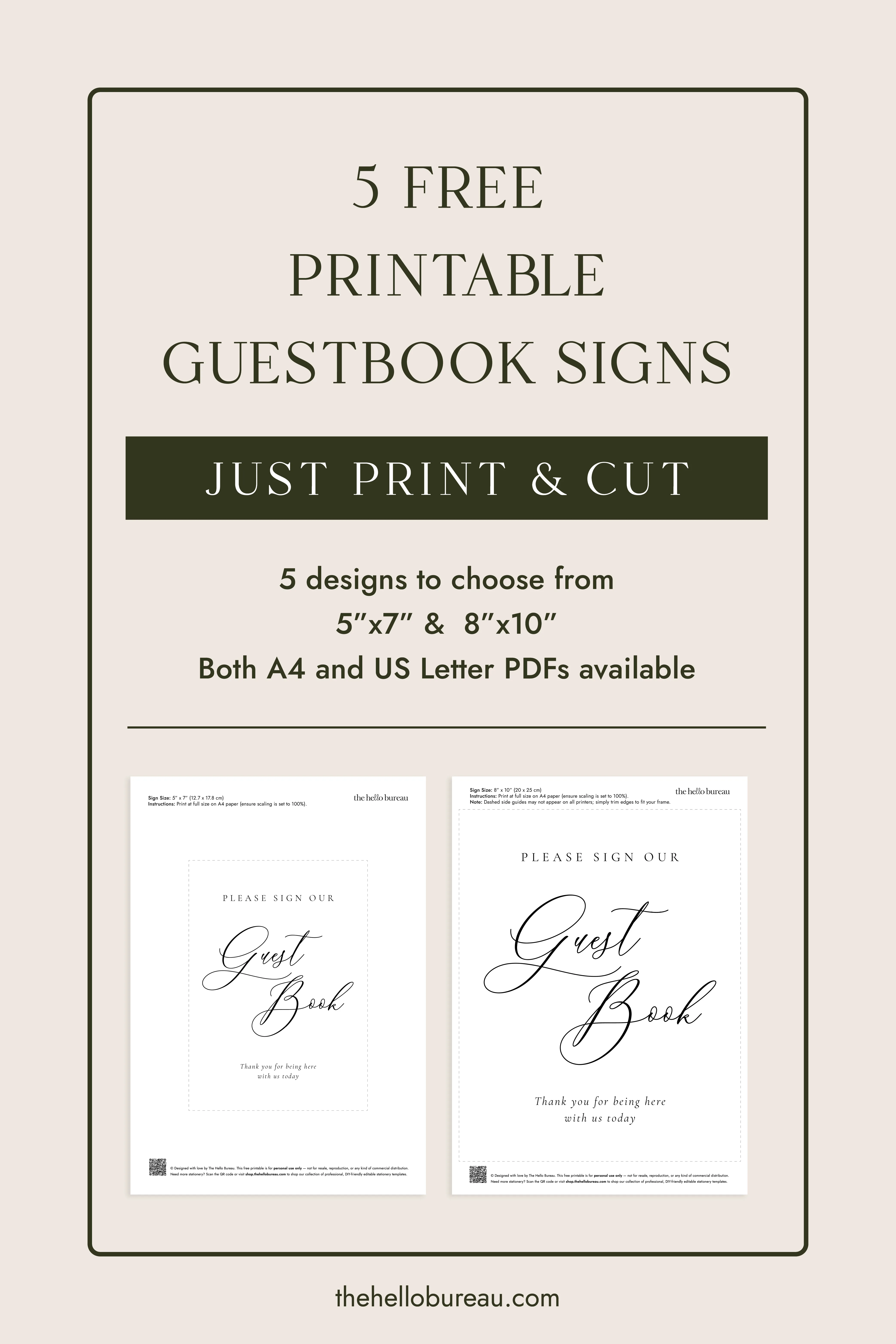5 free printable wedding guestbook signs in 5x7 and 8x10, with A4 and US Letter PDFs to print and cut.
