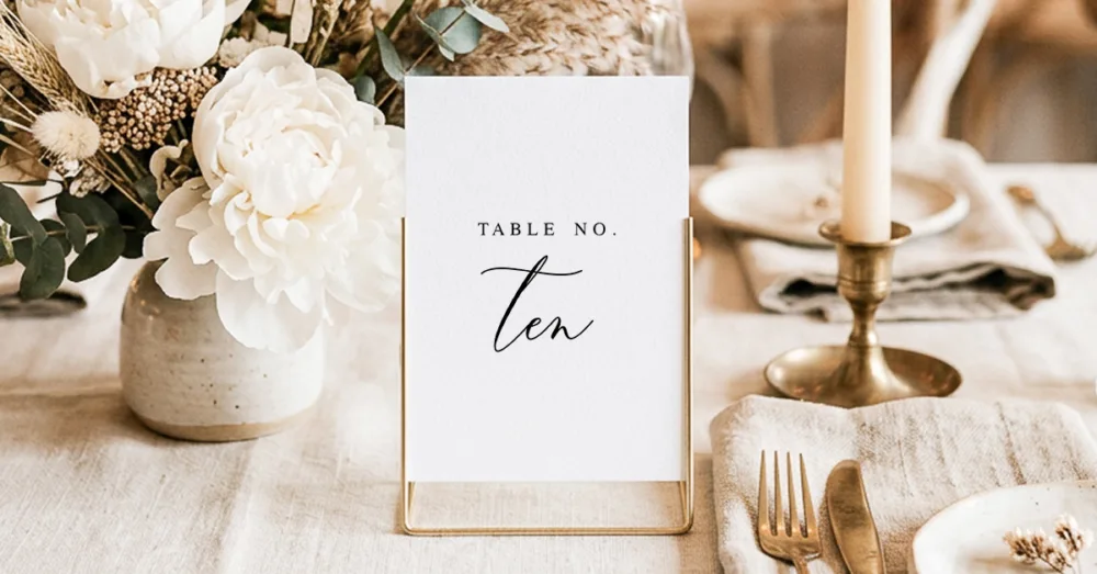 Free printable table numbers from The Hello Bureau featuring a minimalist modern black script font on a clean white background, 4x6 inch DIY template for elegant wedding table decor.