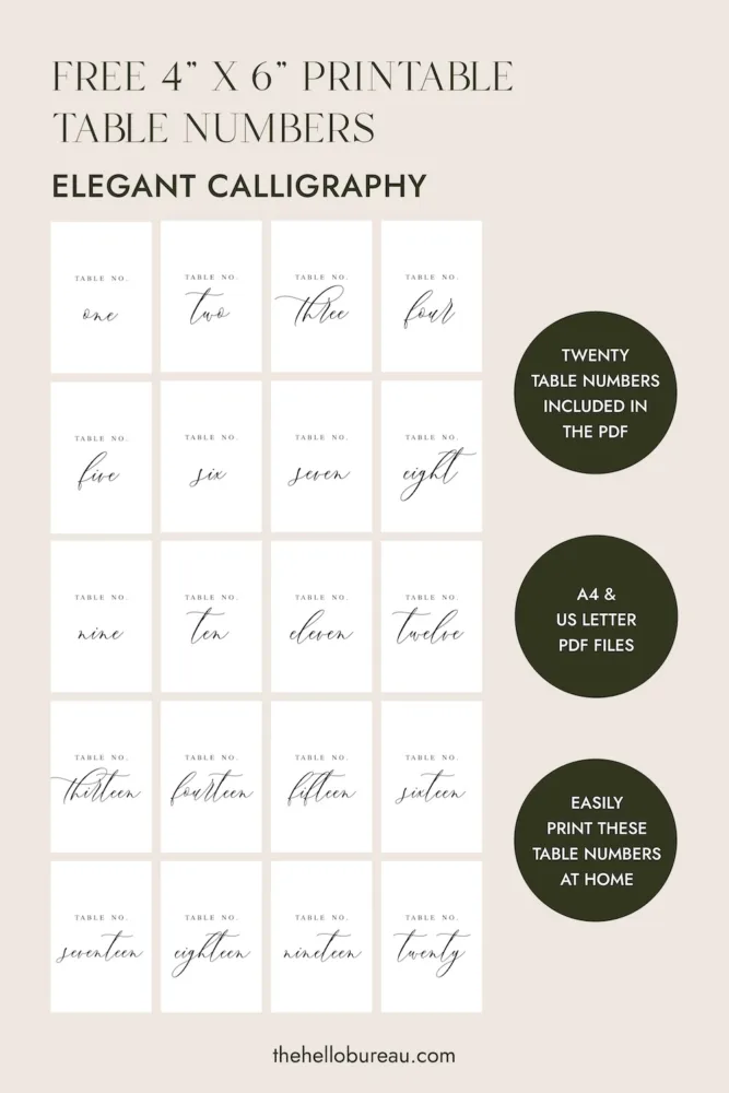 A complete set of free printable wedding table numbers 1 to 20 featuring elegant calligraphy script. These romantic black and white numbers by The Hello Bureau offer a timeless look for formal wedding receptions.