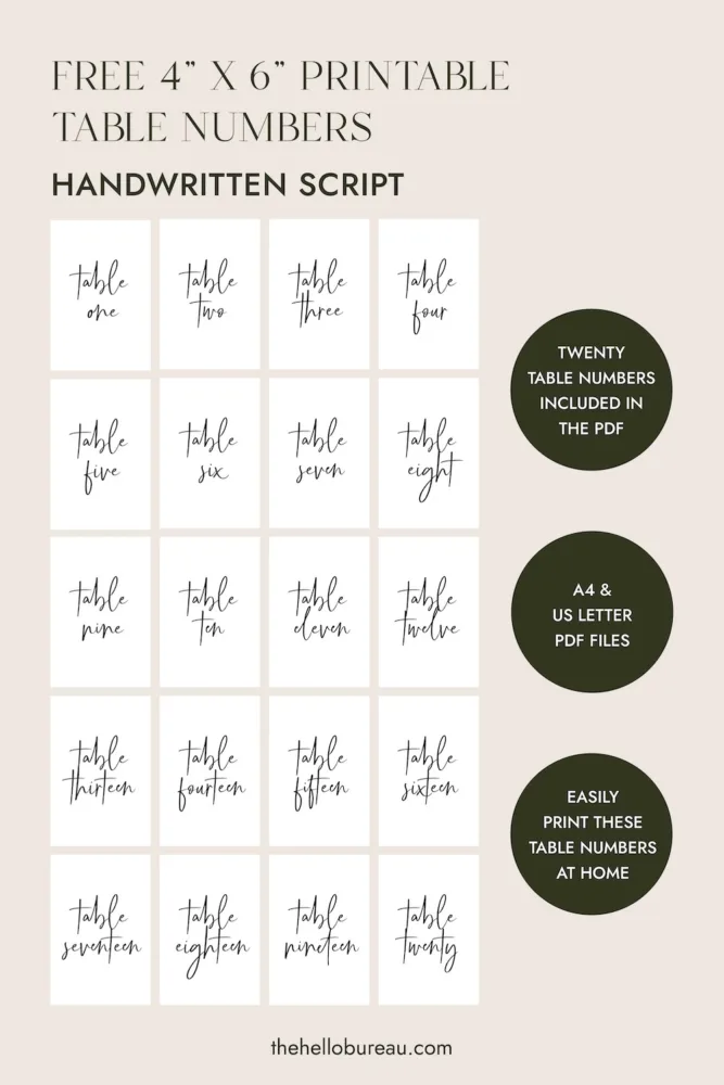 A full set of free printable wedding table numbers 1 to 20 in an informal handwritten script. These whimsical DIY table cards by The Hello Bureau feature a relaxed, loopy lettering style perfect for casual outdoor weddings.