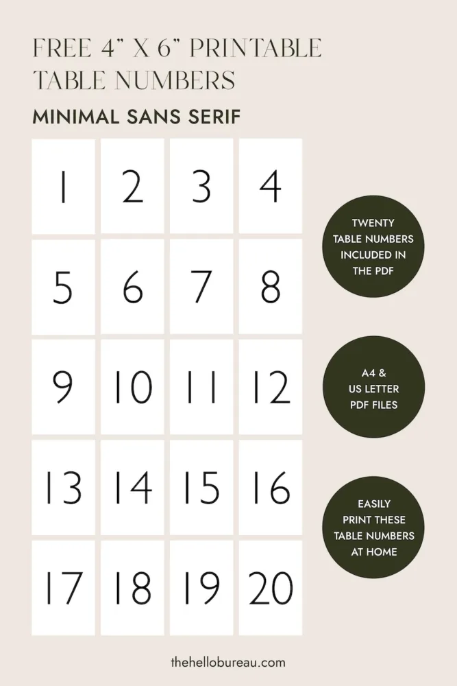 Full collection of free printable table numbers 1 to 20 featuring minimal sans-serif typography. These contemporary black and white DIY cards offer a polished, professional look for modern weddings and events.