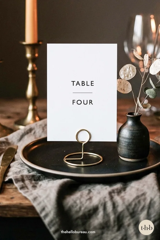 Minimalist free printable wedding table number PDF with "table four" in minimal uppercase typography. A printer-friendly DIY design that suits a contemporary or industrial-style reception.