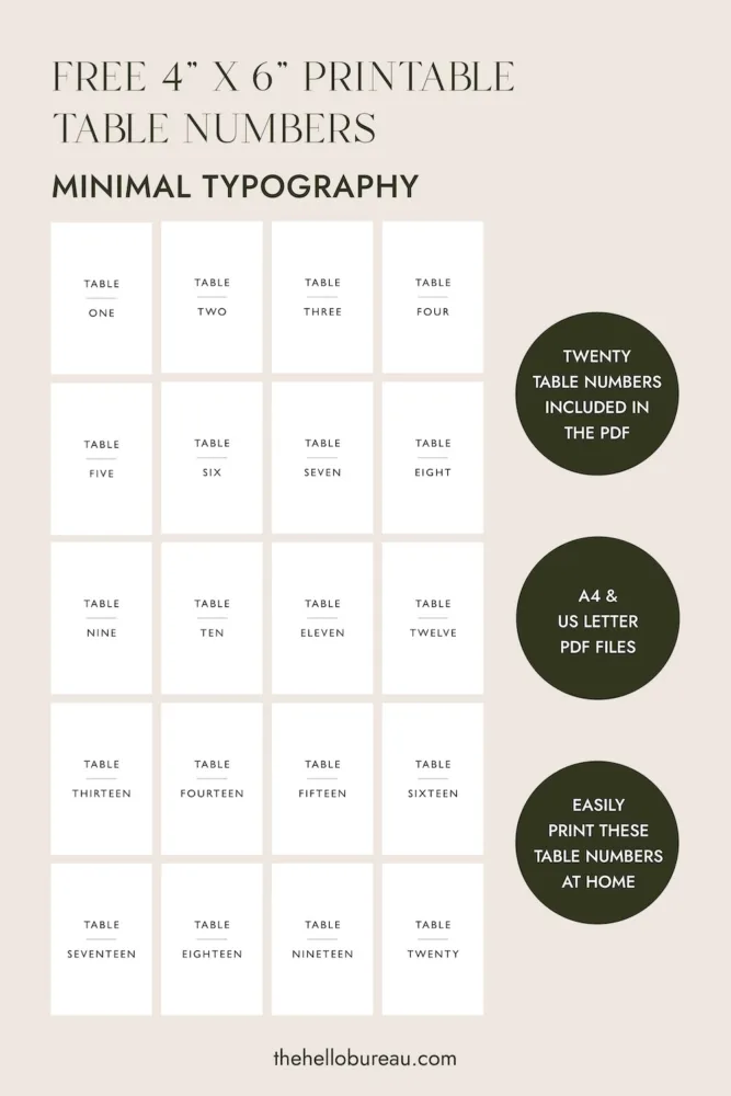A full set of free printable wedding table numbers 1 through 20 featuring clean, minimal typography. These DIY table numbers use a modern sans-serif font for a sophisticated and understated look. Downloadable PDF by The Hello Bureau.