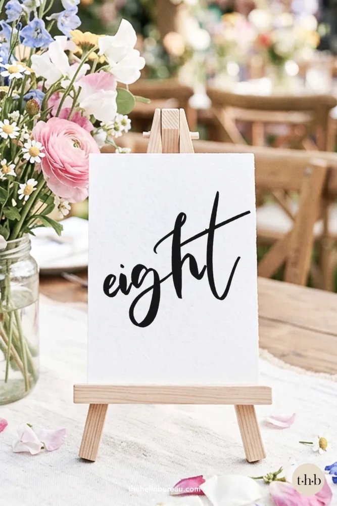 Free printable wedding table number PDF featuring "eight" in a bold, modern brush script font. A minimalist and fun DIY design by The Hello Bureau, perfect for contemporary event styling and easy home printing.