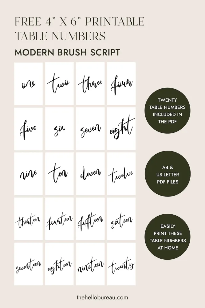 A grid display of free printable wedding table numbers 1 through 20 in a fun modern brush script. Perfect for relaxed wedding receptions.