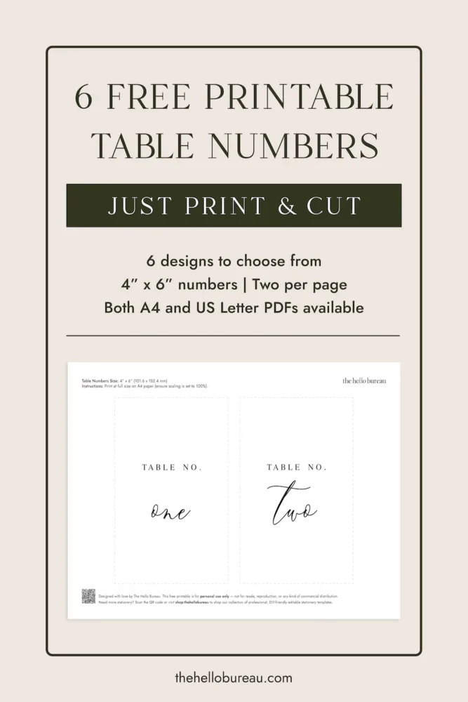A collection of six free printable wedding table number designs by The Hello Bureau. Downloadable DIY table number printables for wedding receptions and special events.