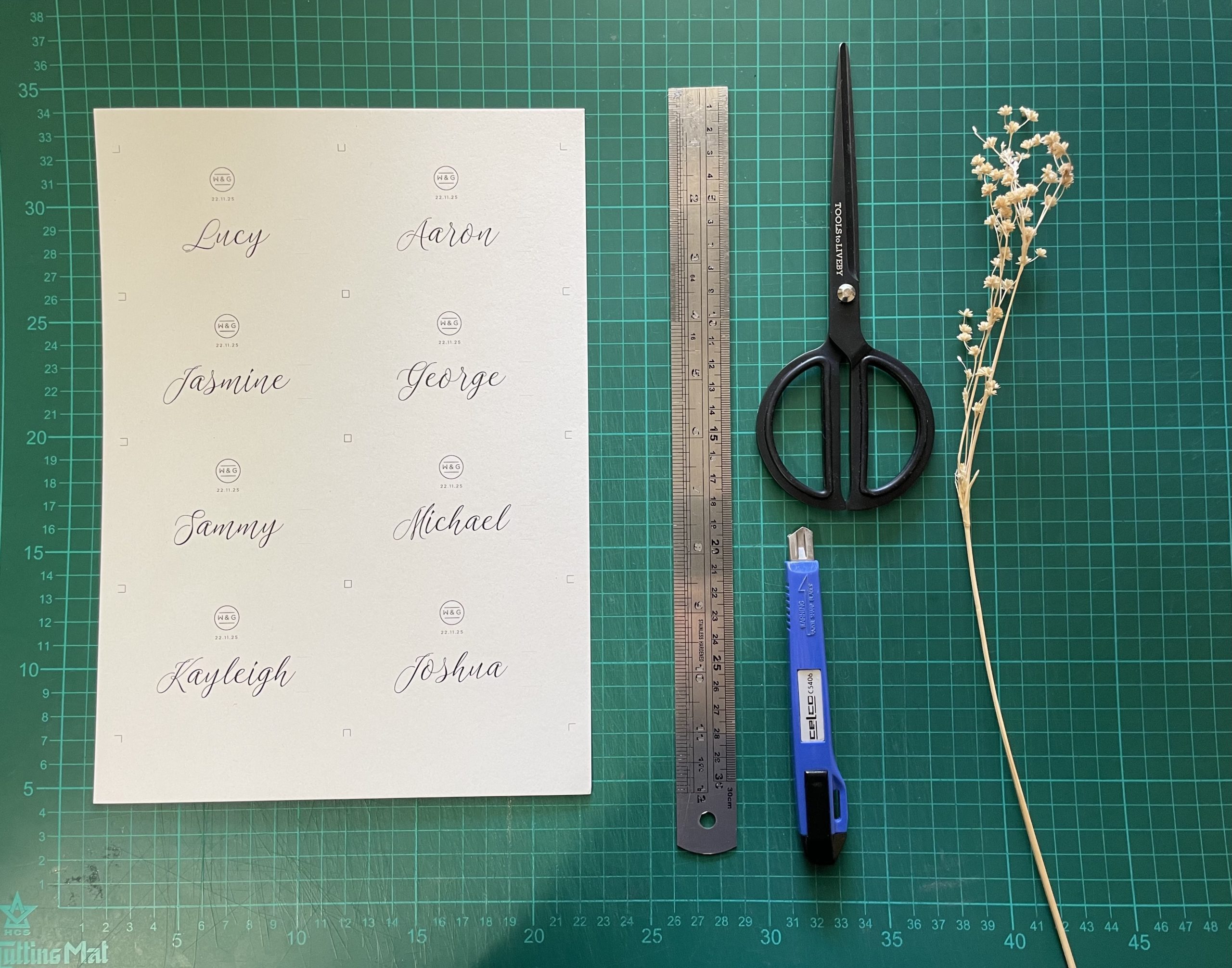 Materials required to make DIY wedding place cards