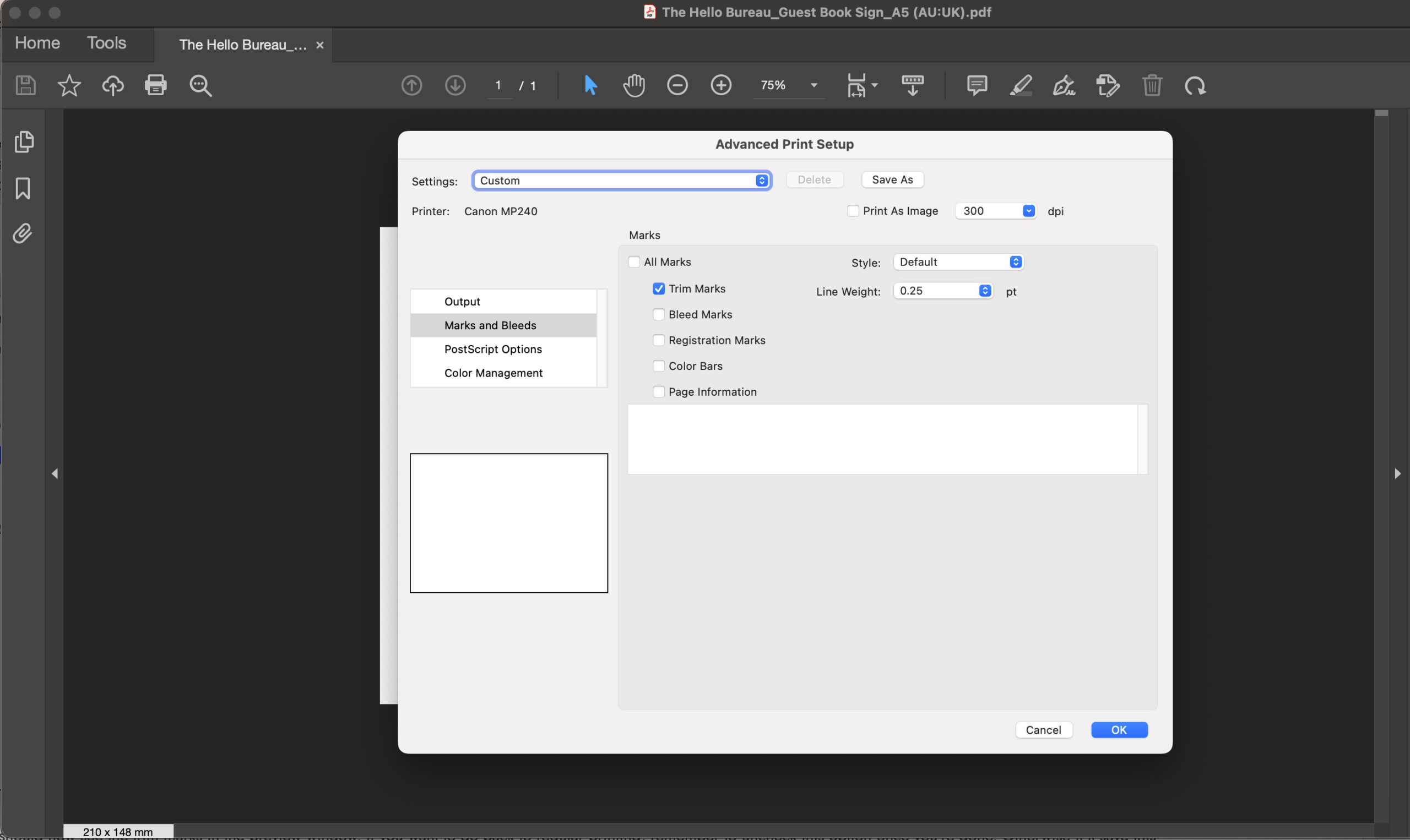 Printing PDF files with trim marks window