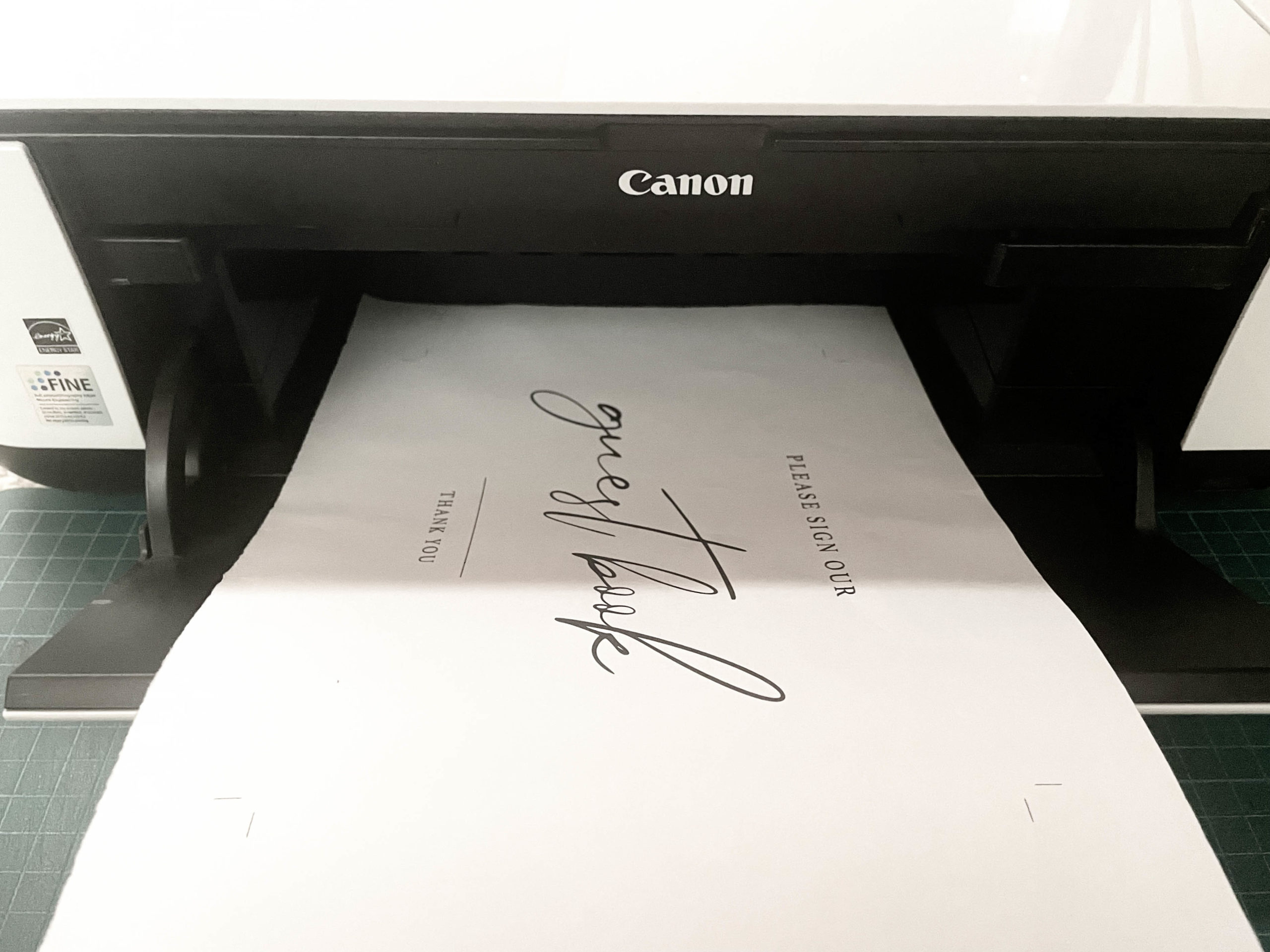 A printer with a page printed with trim marks