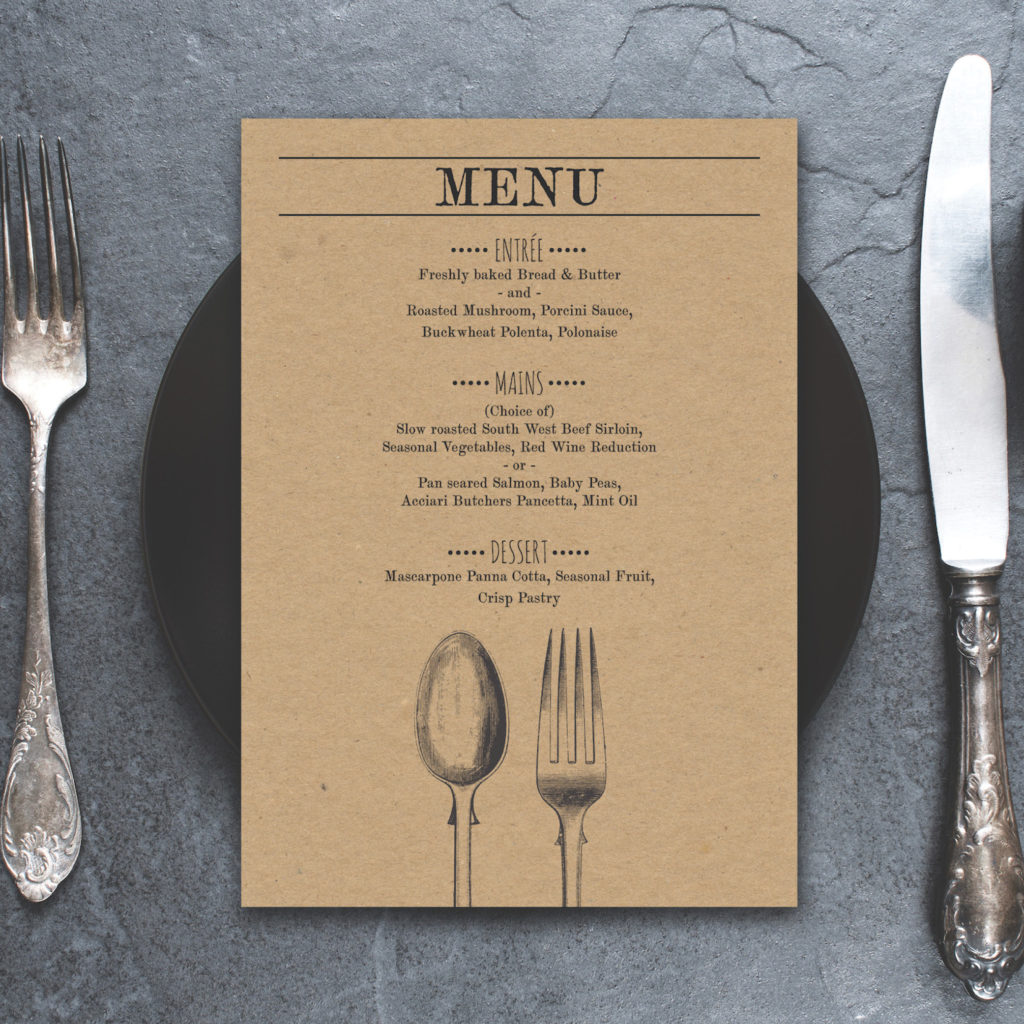 Rustic wedding menu printed on eco-friendly paper