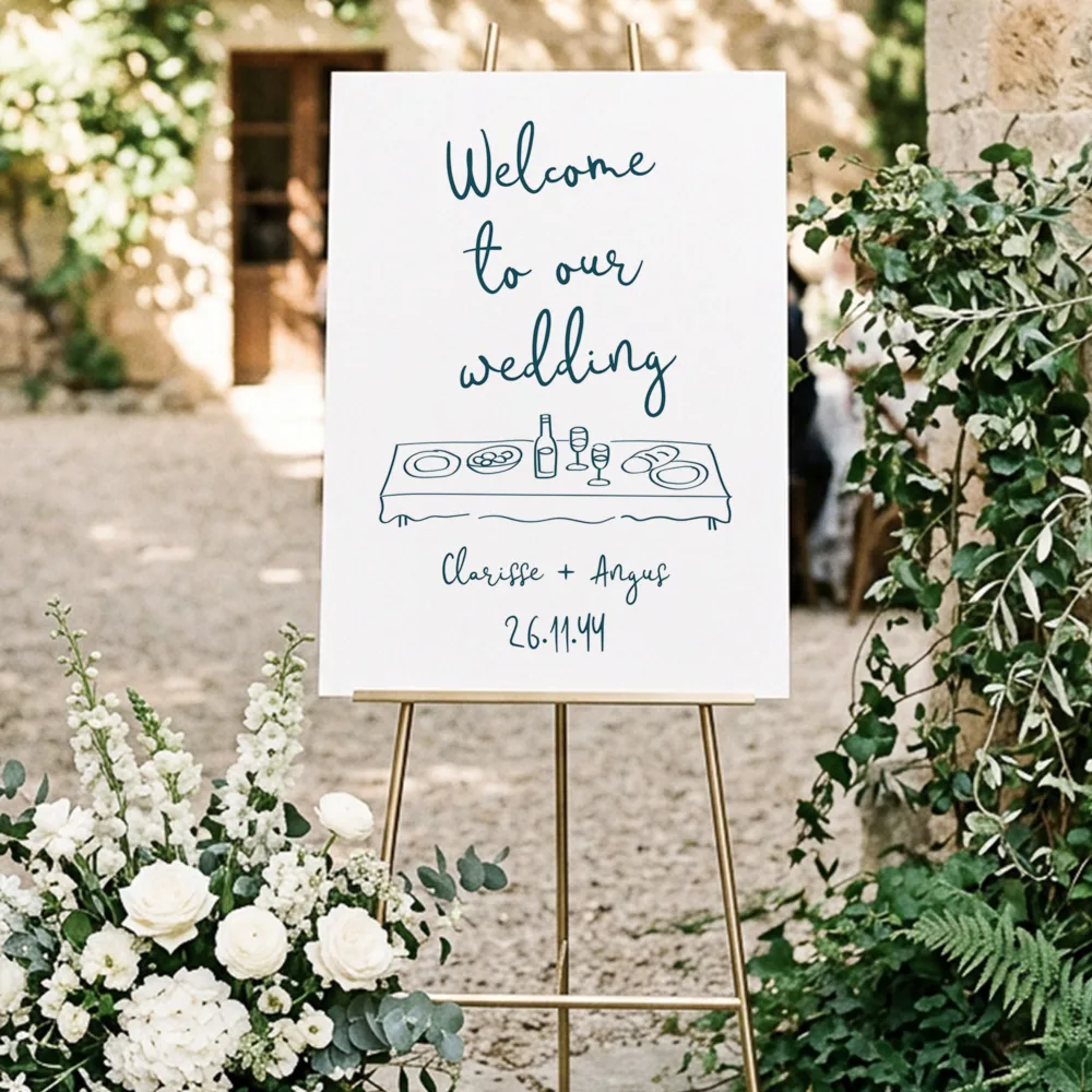 Whimsical hand-drawn wedding welcome sign featuring a "dinner table" illustration and blue cursive lettering. The Verdant design is displayed on a gold easel in a lush garden setting, perfect for a relaxed, fun-filled Australian outdoor wedding.