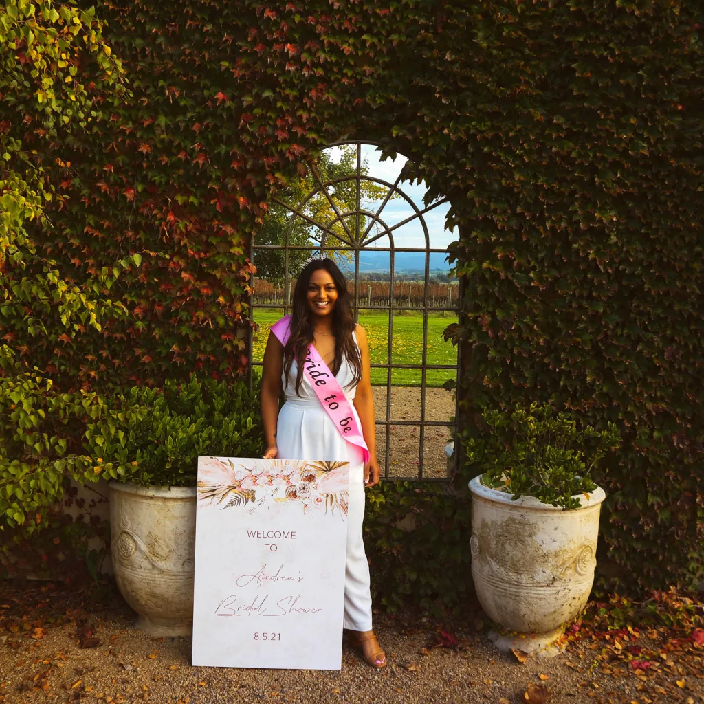 Bridal shower welcome sign at a winery celebration