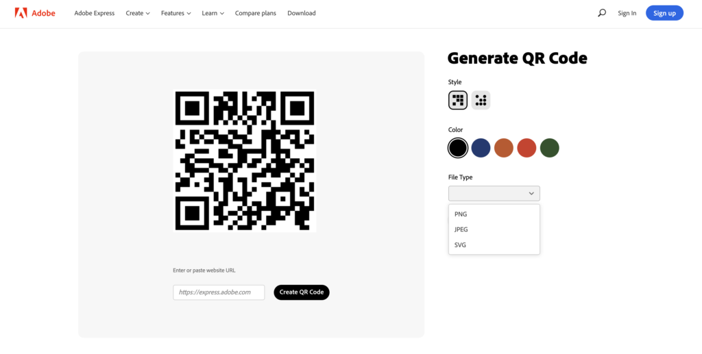 Screenshot of Adobe Express free QR code generator