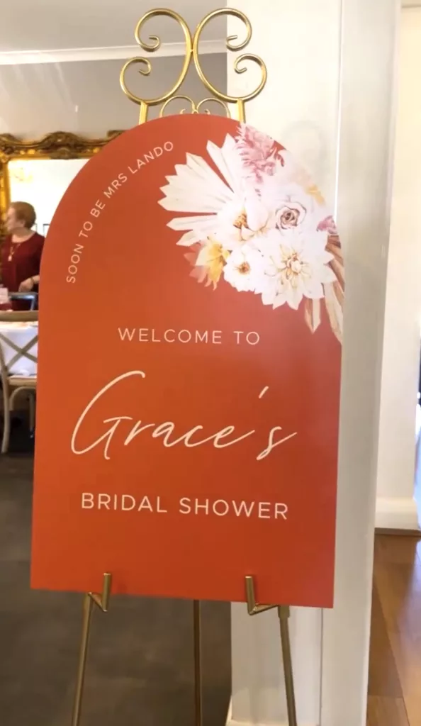 Arch shaped welcome sign Perth bridal shower