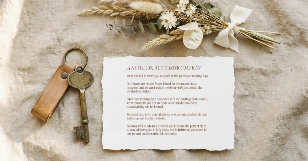 Flat lay of a handwritten wedding accommodation note on deckle-edge paper, styled with dried flowers and vintage brass keys on a linen background