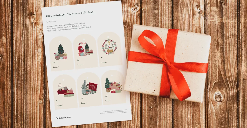 Free Printable Christmas Gift Tags Sheet on Table