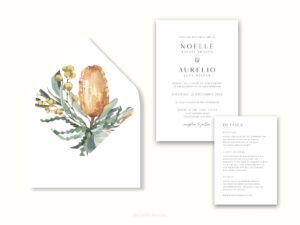 White envelope with a printed liner showing a painted banksia bouquet next to wedding invitations.