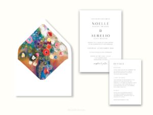 White envelope with a printed liner showing a painted floral bouquet next to wedding invitations.