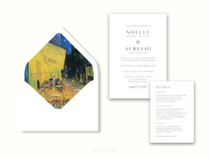 White envelope with a printed liner showing a painted night cafe scene next to wedding invitations.