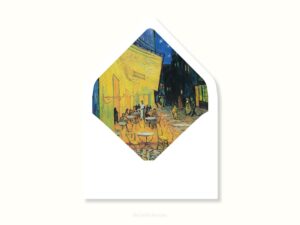 White envelope with a printed liner showing a painted night cafe scene.