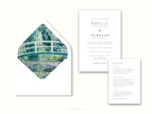 White envelope with a printed liner showing a painted bridge over a pond of water lillies next to wedding invitations.