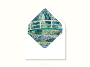 White envelope with a printed liner showing a painted bridge over a pond of water lillies.