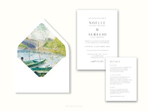 White envelope with a printed liner showing a painted river landscape with fishing boats next to wedding invitations.