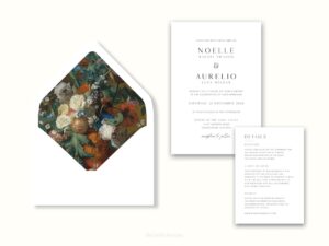 White envelope with a printed liner showing a painted floral bouquet next to wedding invitations.