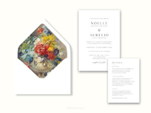 White envelope with a printed liner showing a painted floral bouquet next to wedding invitations.