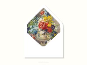 White envelope with a printed liner showing a painted floral bouquet.