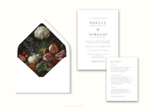 White envelope with a printed liner showing a painted floral bouquet next to wedding invitations.