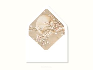 White envelope with a printed liner showing painted Japanese cherry blossoms.