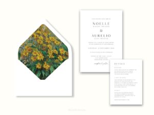 White envelope with a printed liner showing a painted floral bouquet next to wedding invitations.