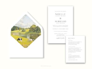 White envelope with a printed liner showing a farm pasture landscape.