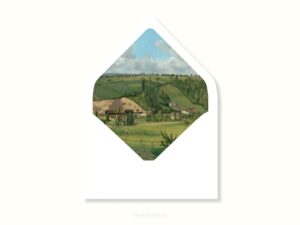 White envelope with a printed liner showing a painted countryside landscape.