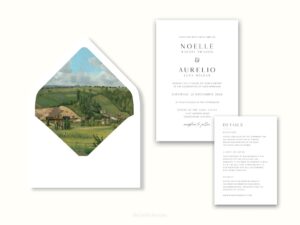 White envelope with a printed liner showing a painted countryside landscape.