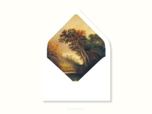 White envelope with a printed liner showing a painted countryside landscape.