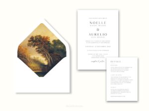 White envelope with a printed liner showing a painted countryside landscape.