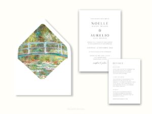 White envelope with a printed liner showing a painted bridge over a pond of water lillies next to wedding invitations.