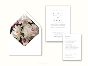 White envelope with a printed liner showing a painted floral bouquet.