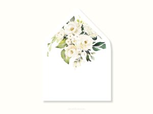 White envelope with a printed liner showing a painted floral bouquet.