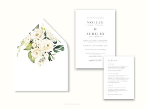 White envelope with a printed liner showing a painted floral bouquet.