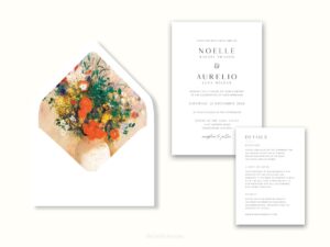 White envelope with a printed liner showing a painted floral bouquet next to wedding invitations.