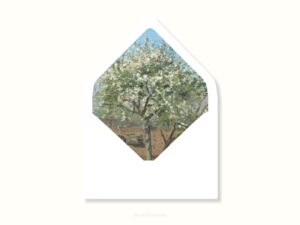 White envelope with a printed liner showing a painted orchard tree in bloom.