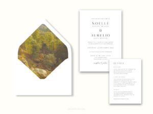 White envelope with a printed liner showing a painted forest landscape.