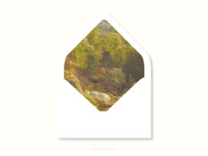 White envelope with a printed liner showing a painted forest landscape.